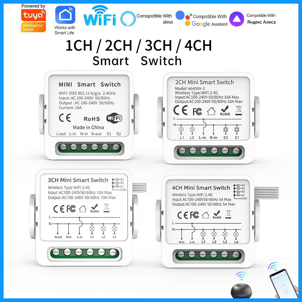 Smart Relay Tuya - Tuya WiFi Smart-Schalter 1/2/3/4-fach 4-Wege Mini