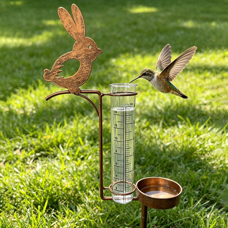 Shelly Plug - Metall-Kaninchen-Regenmesser für den Garten, 2-in-1-Vogelfutter- und