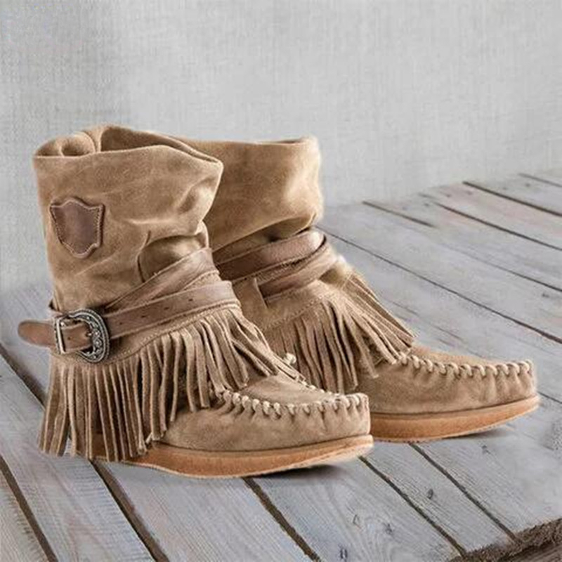 Tasmota - Retro-Quasten-Damenstiefel mit seitlichem Reißverschluss, Schwarz, 2025,