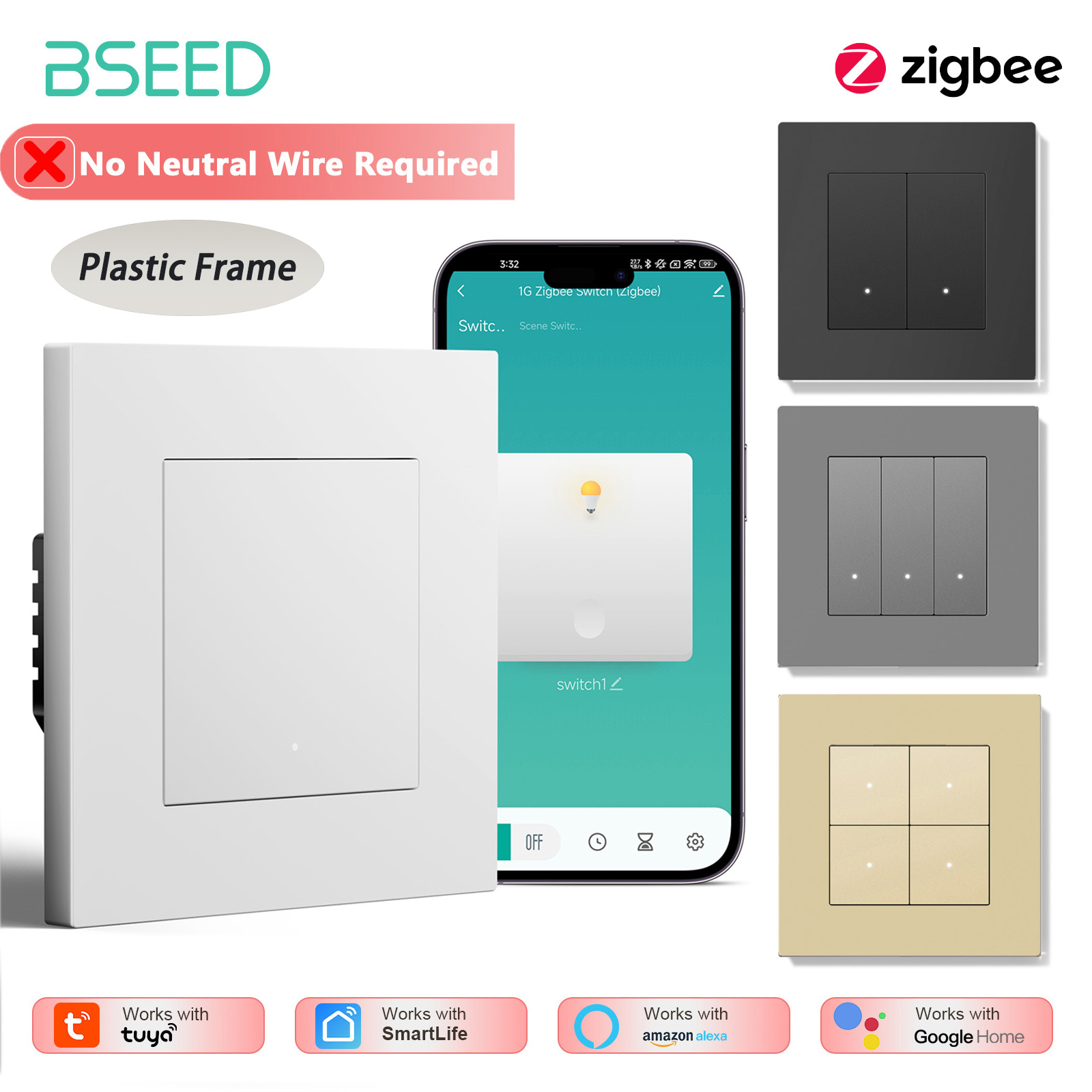 Tuya 4 Channel - BSEED 1/2/3/4-fach Zigbee Lichtschalter, Smarter Klick-Tastenschalter,